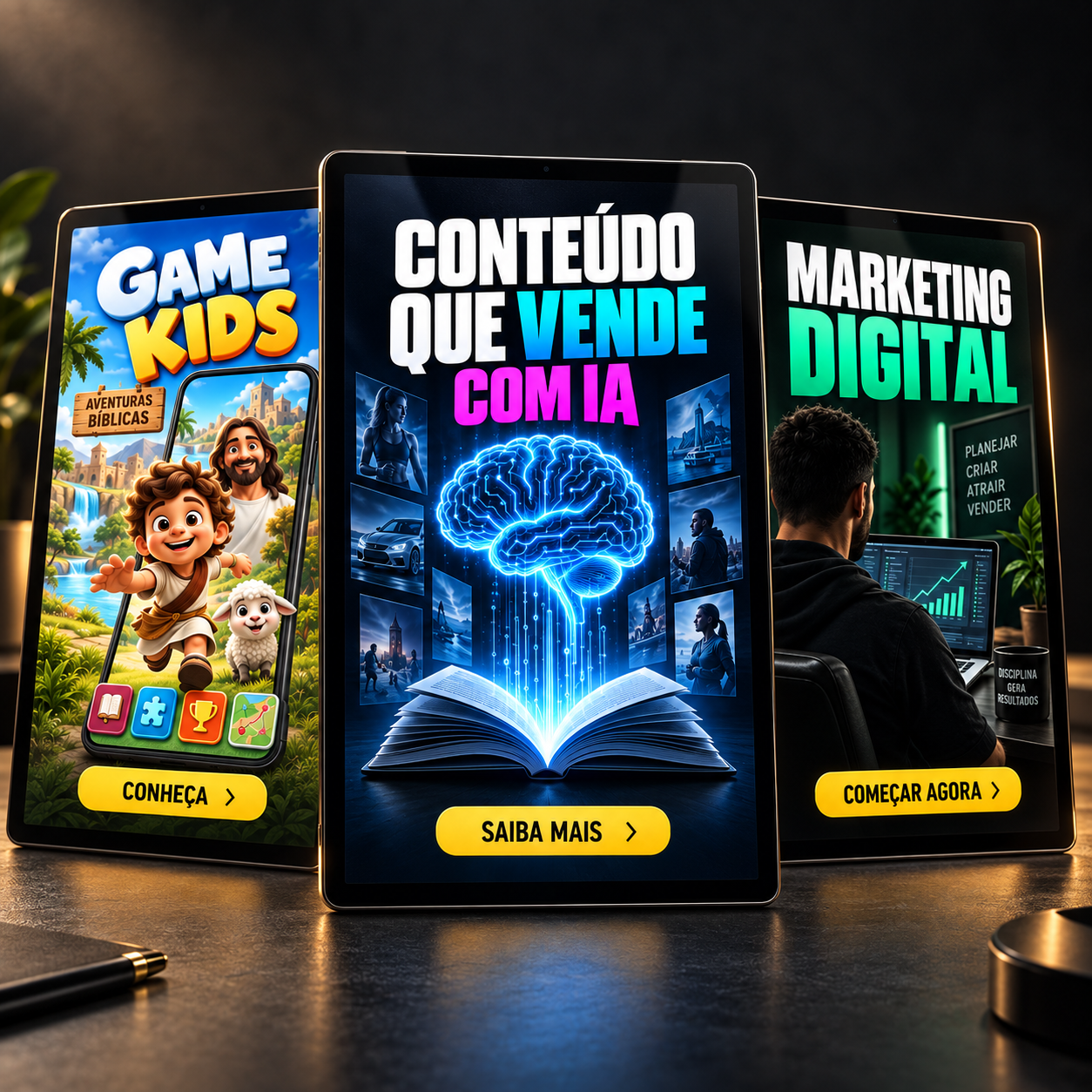 Conteúdos digitais em formatos de texto, vídeo e aplicativo